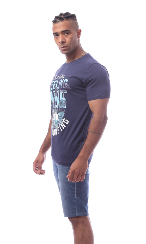 O163308 Navy Blue Printed Short Sleeve T-Shirt