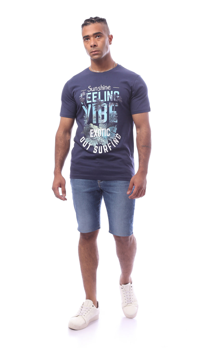 O163308 Navy Blue Printed Short Sleeve T-Shirt
