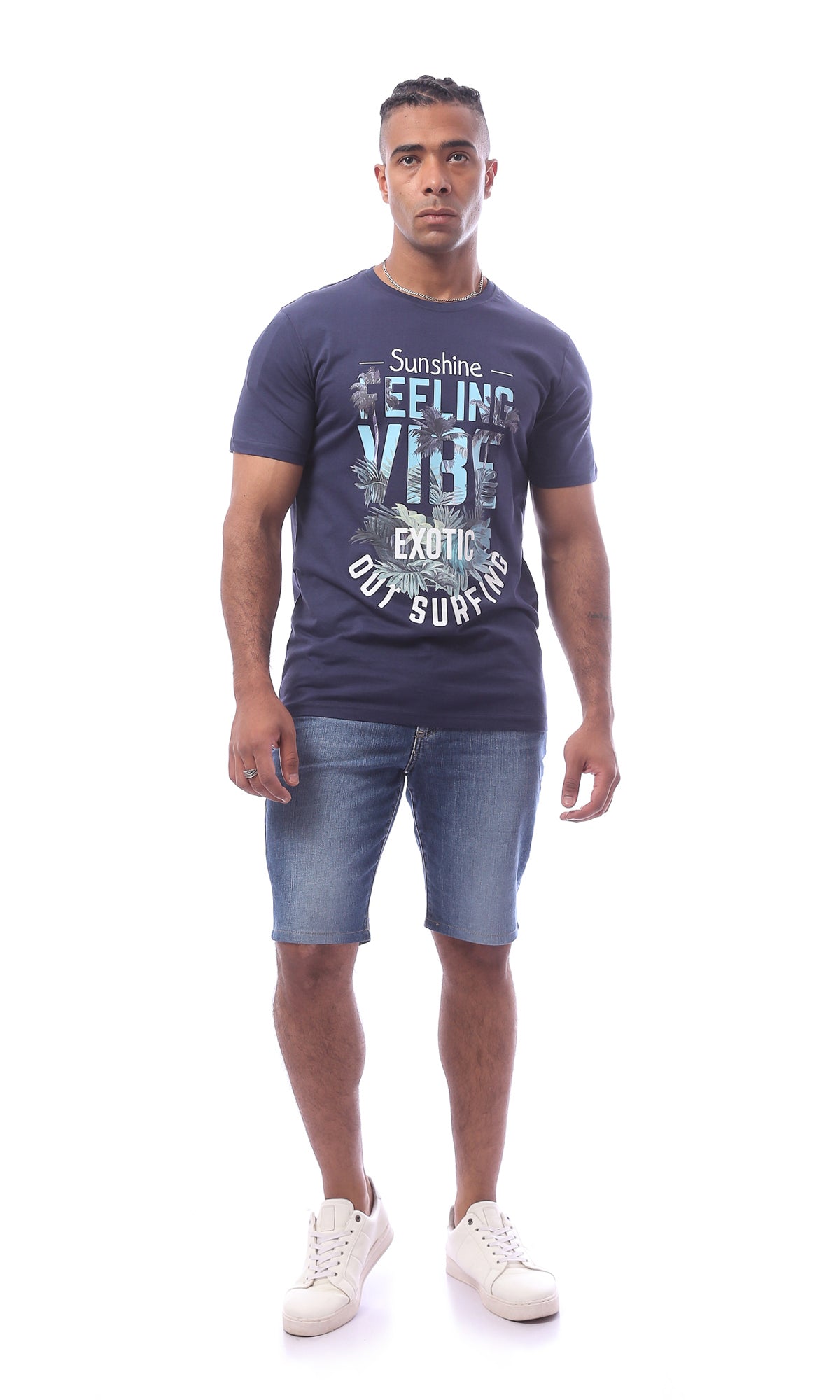 O163308 Navy Blue Printed Short Sleeve T-Shirt