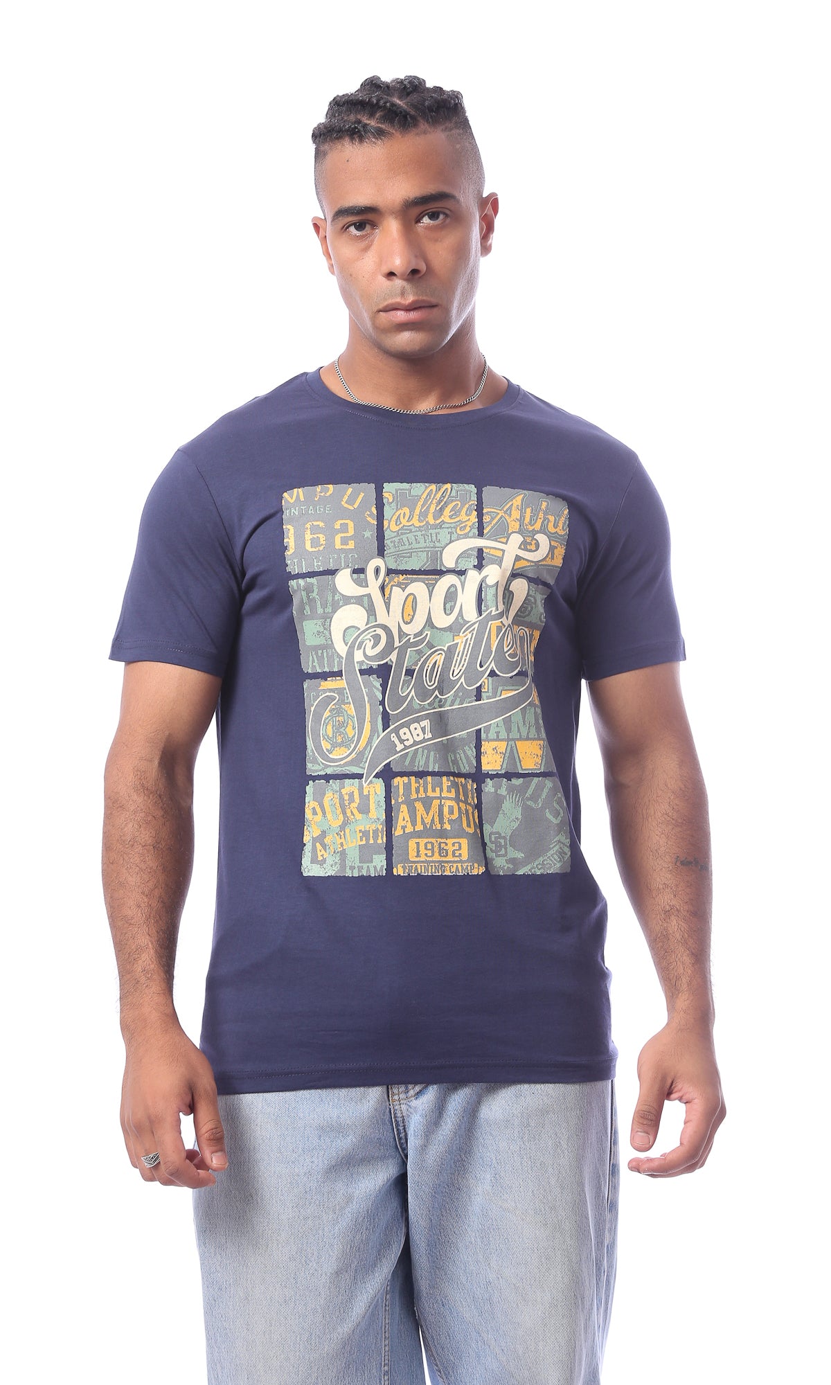 O163309 Navy "Sports States" Printed Rounded Neck Tee