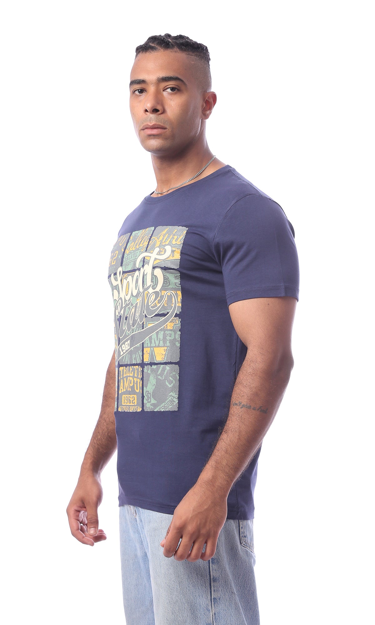 O163309 Navy "Sports States" Printed Rounded Neck Tee