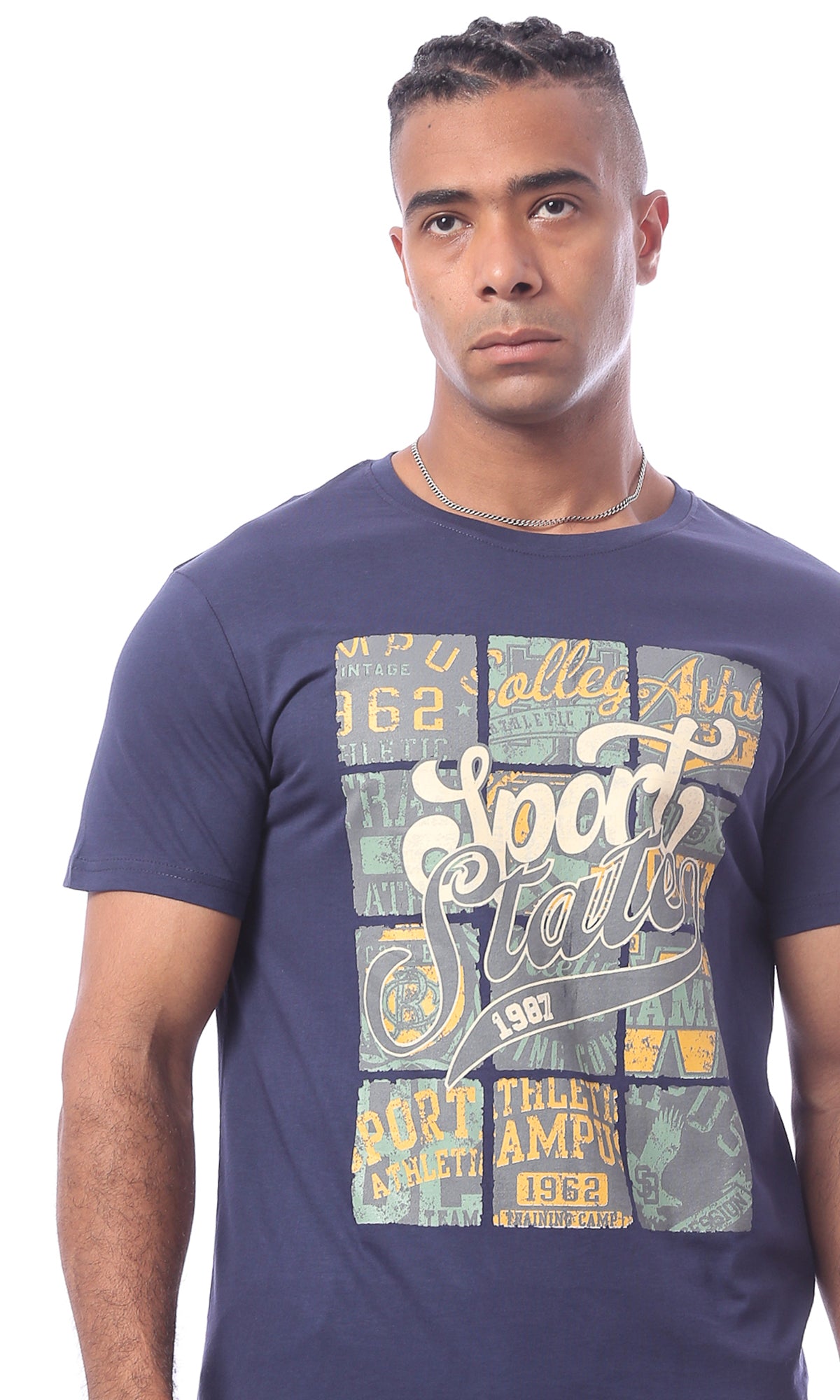 O163309 Navy "Sports States" Printed Rounded Neck Tee