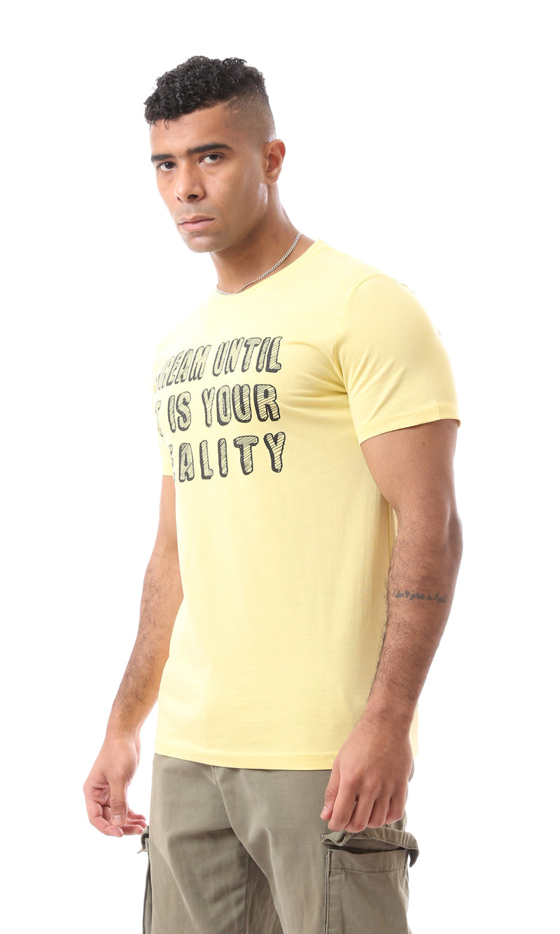 O163310 Light Yellow Round Neck Casual Rayon Tee