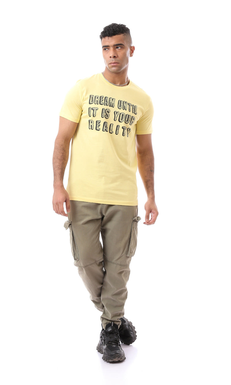 O163310 Light Yellow Round Neck Casual Rayon Tee