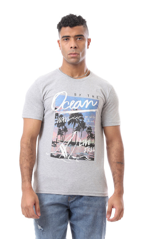 O163311 Printed Pattern "By The Ocean" Crew Neck Heather Grey T-Shirt