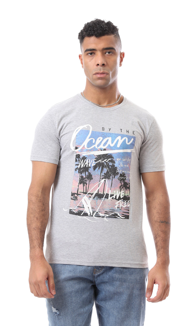 O163311 Printed Pattern "By The Ocean" Crew Neck Heather Grey T-Shirt