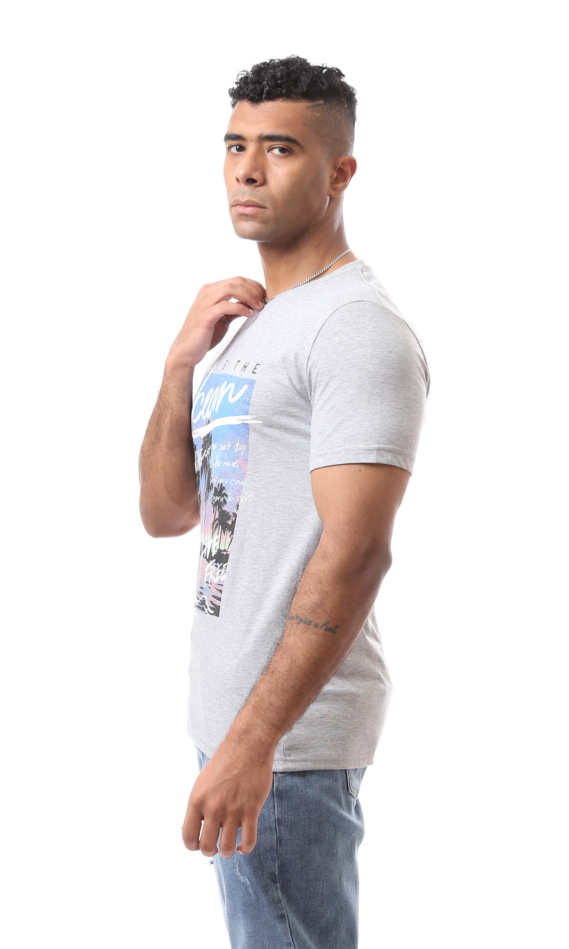 O163311 Printed Pattern "By The Ocean" Crew Neck Heather Grey T-Shirt