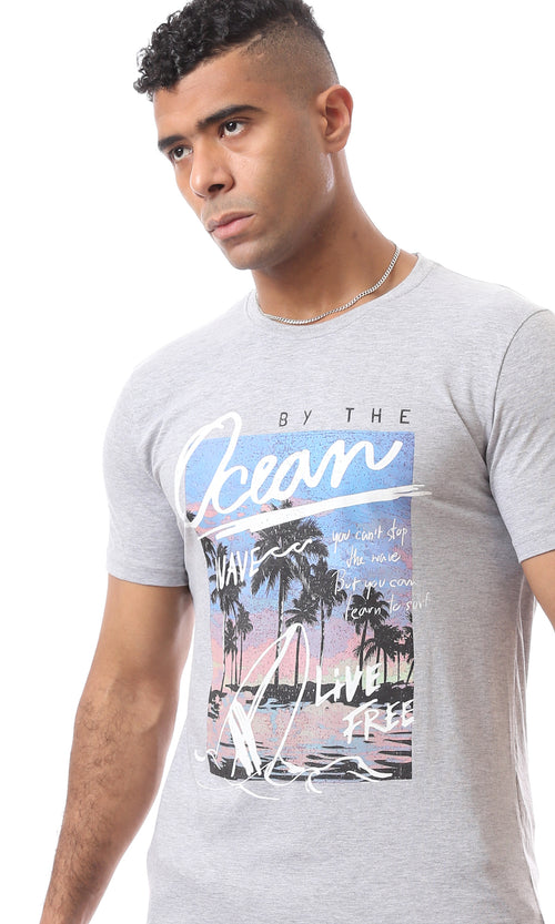 O163311 Printed Pattern "By The Ocean" Crew Neck Heather Grey T-Shirt