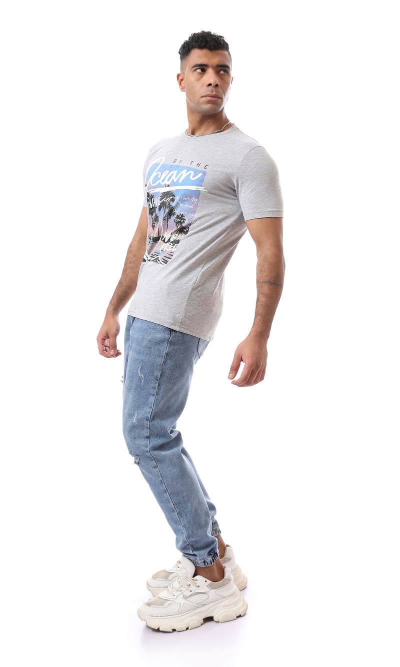 O163311 Printed Pattern "By The Ocean" Crew Neck Heather Grey T-Shirt