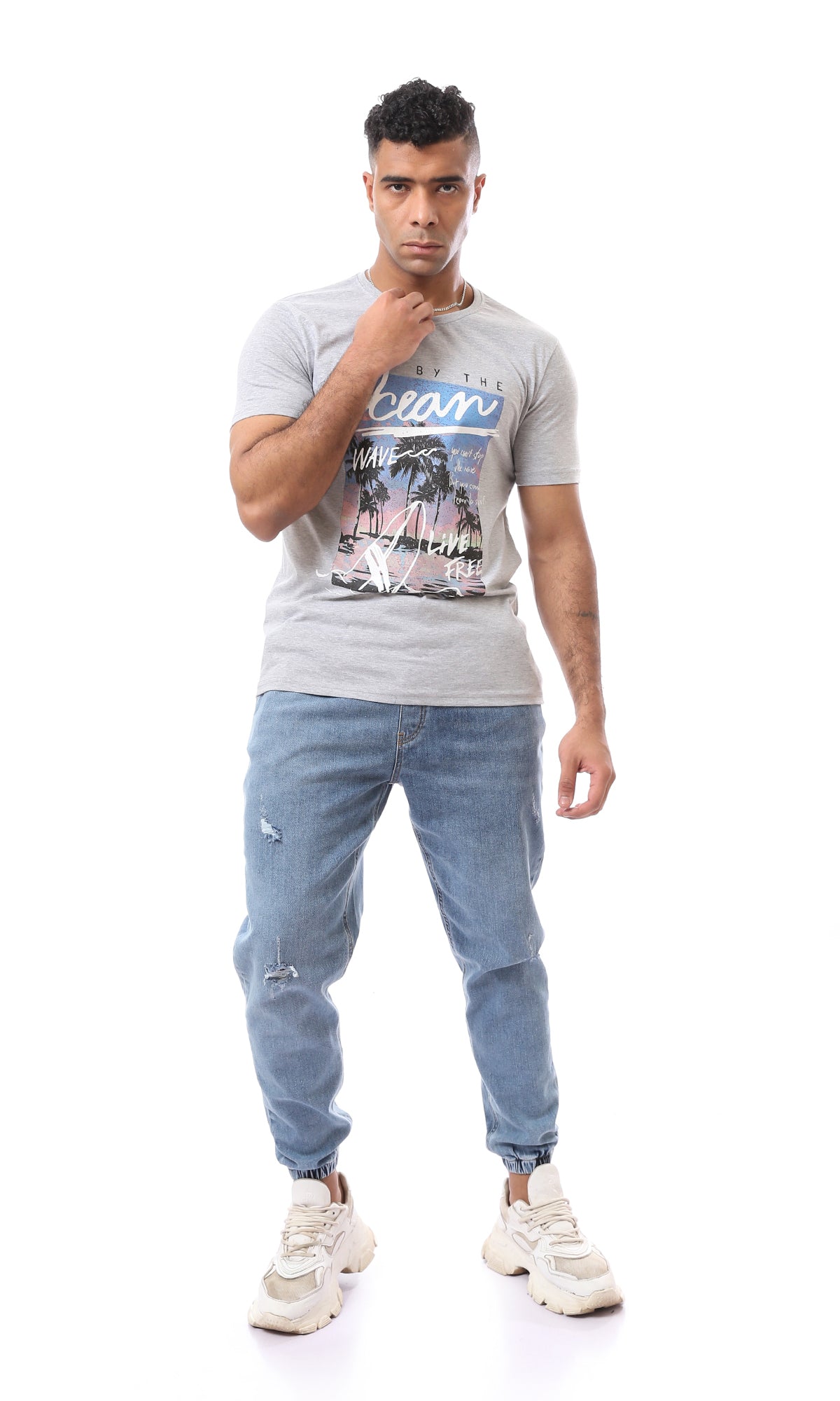 O163311 Printed Pattern "By The Ocean" Crew Neck Heather Grey T-Shirt