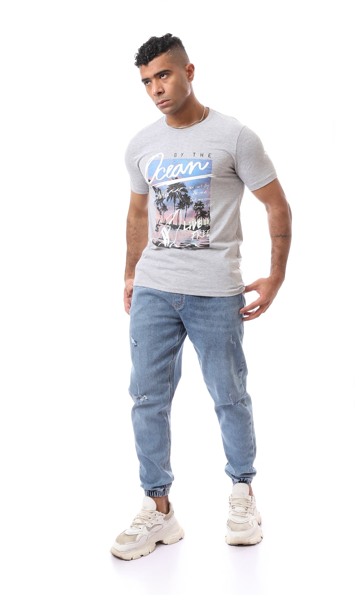 O163311 Printed Pattern "By The Ocean" Crew Neck Heather Grey T-Shirt