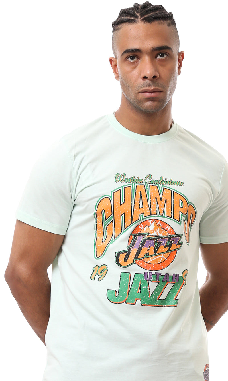 تيشيرت مطبوع برقبة دائرية وأخضر فاتح