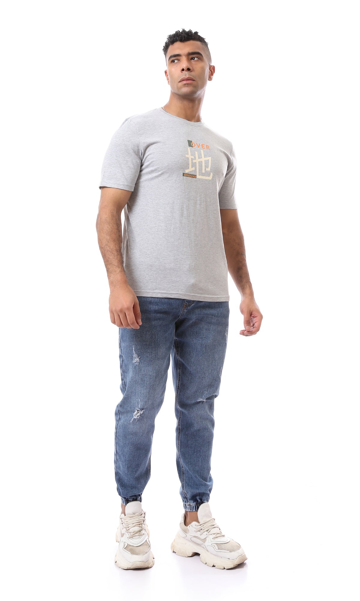 O163344 Heather Light Grey Printed Casual Tee