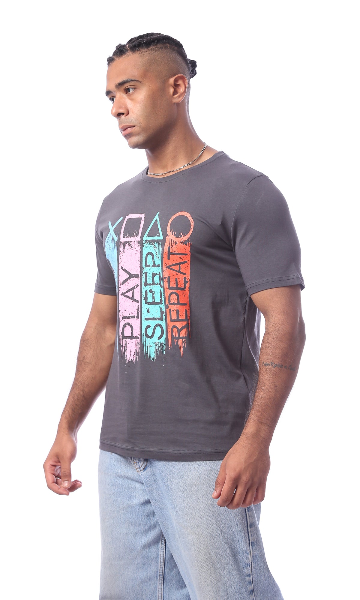 O163348 Grey Short Sleeves Printed Slip On Tee