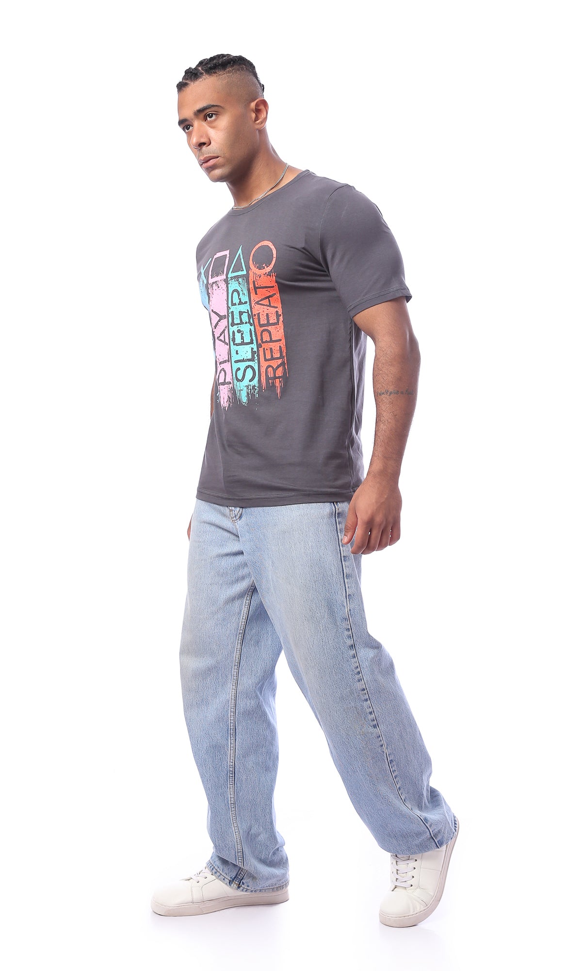 O163348 Grey Short Sleeves Printed Slip On Tee