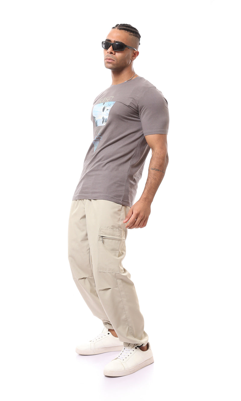 O163353 Dark Gray Round Neck Printed Comfy Tee