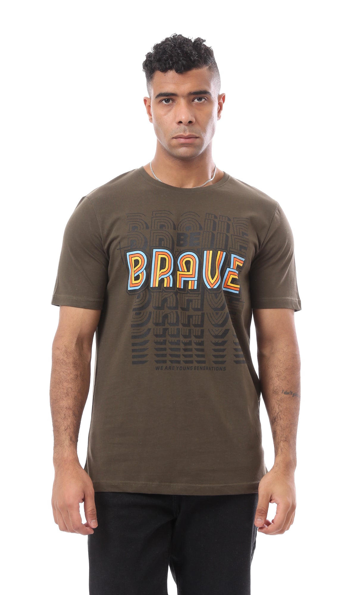 O163356 Chocolate Brown Printed "Brave" Cotton Tee