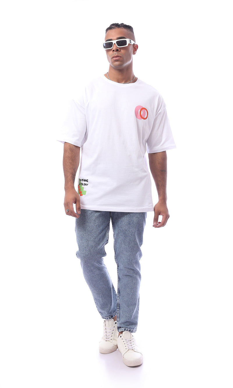 O163368 Simple White Printed Tee With Short Sleeves