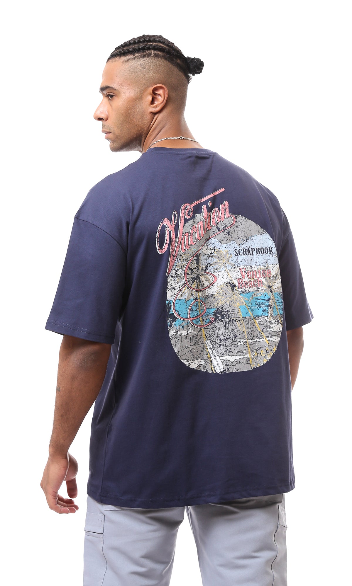 O163379 Front & Back Print Navy Blue Cotton Tee