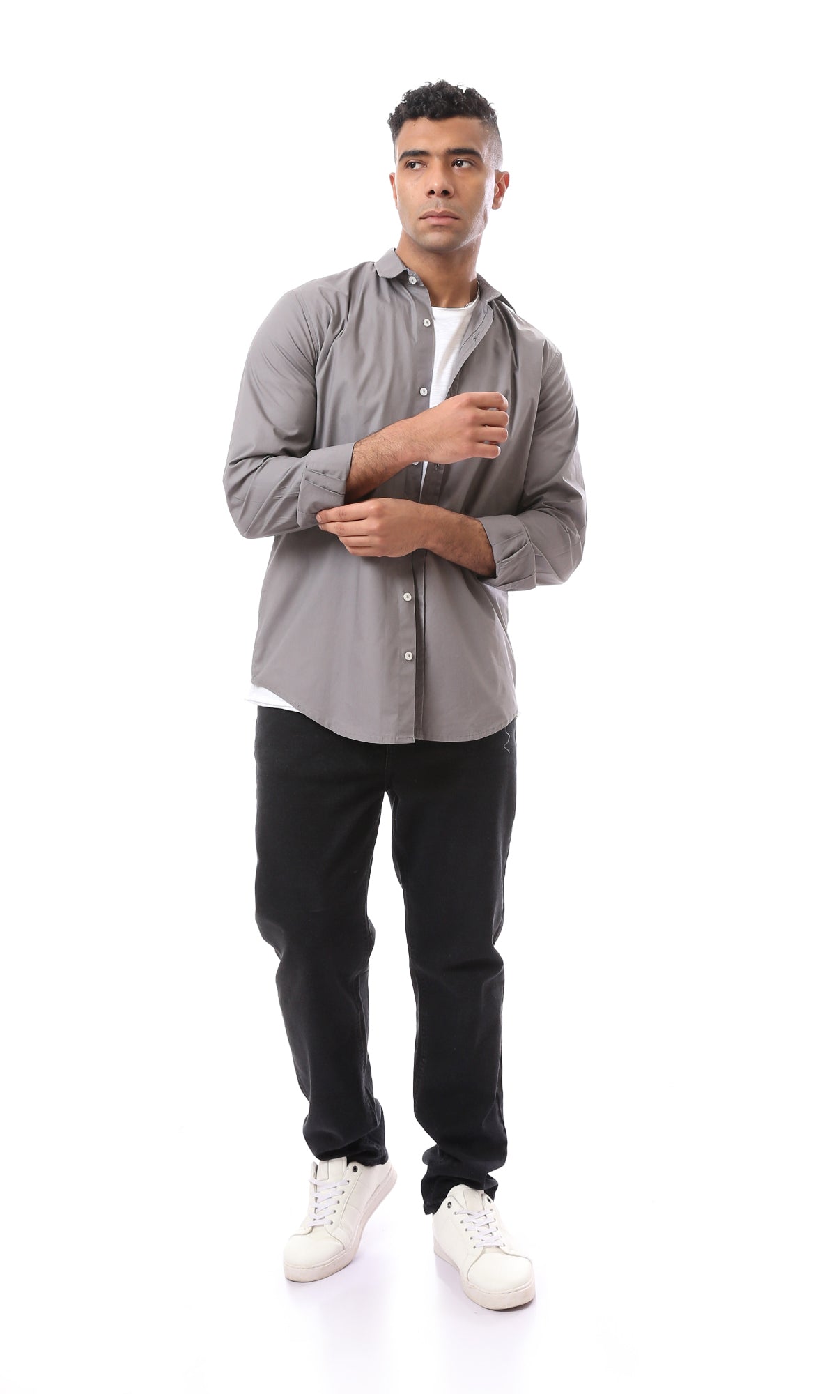 O163549 Buttoned Long Sleeves Fashioned Medium Grey Shirt