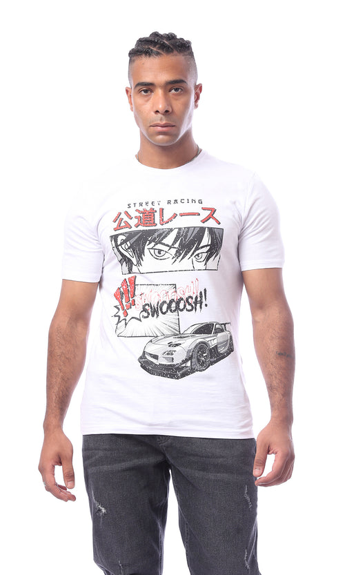 O163642 White Slip On Printed Rounded Neck Summer Tee