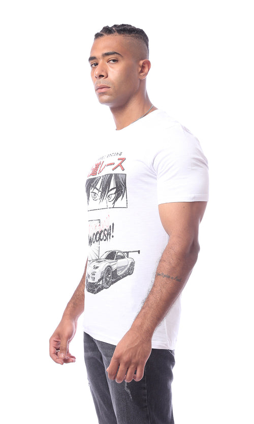 O163642 White Slip On Printed Rounded Neck Summer Tee