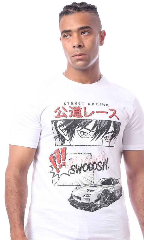 O163642 White Slip On Printed Rounded Neck Summer Tee