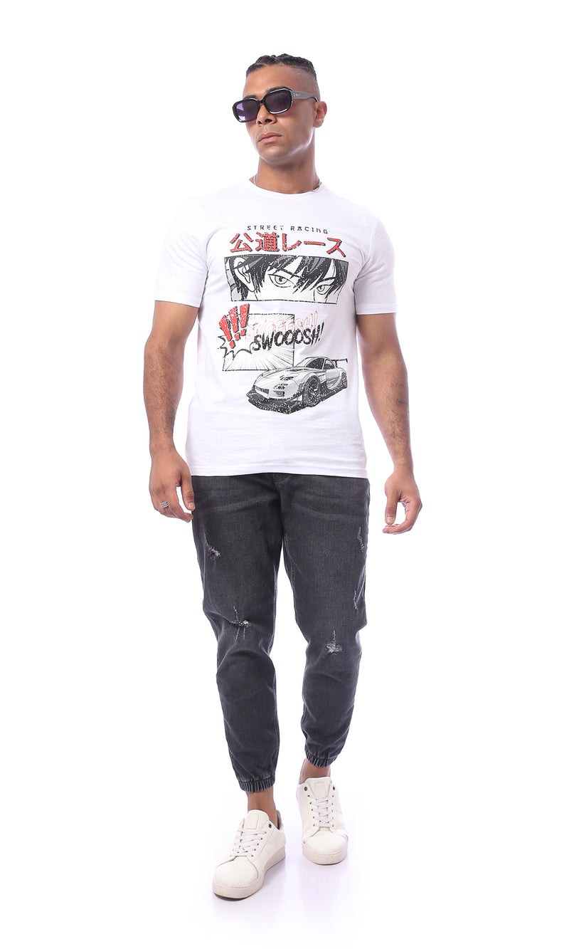 O163642 White Slip On Printed Rounded Neck Summer Tee