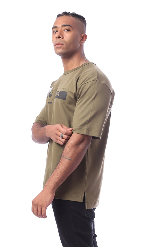 O163651 Khaki Printed Pattern Slip On Regular Fit Tee