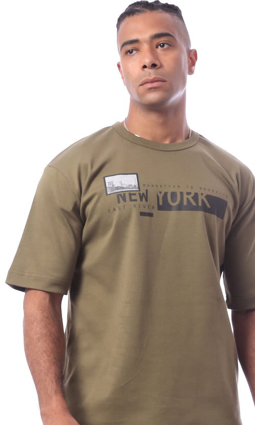 O163651 Khaki Printed Pattern Slip On Regular Fit Tee