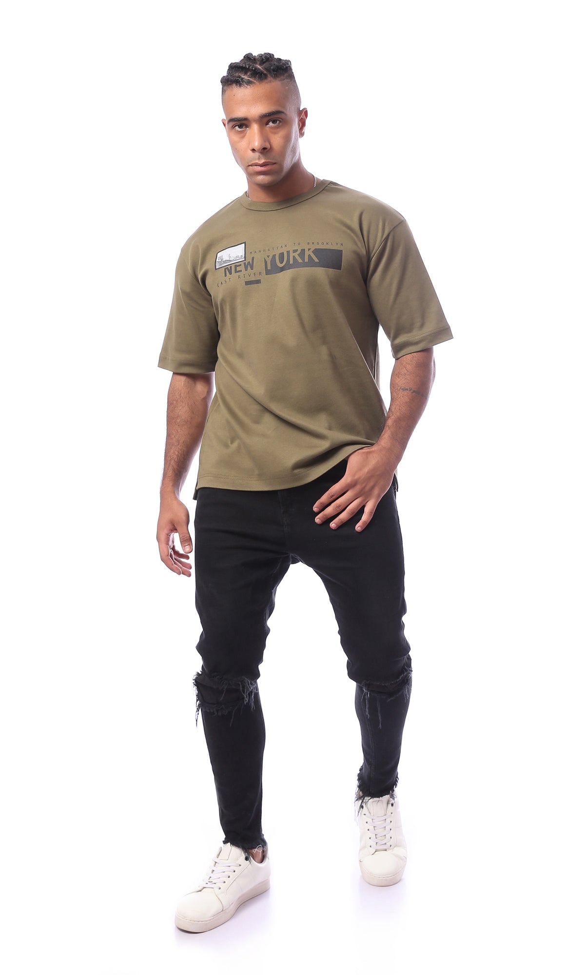 O163651 Khaki Printed Pattern Slip On Regular Fit Tee