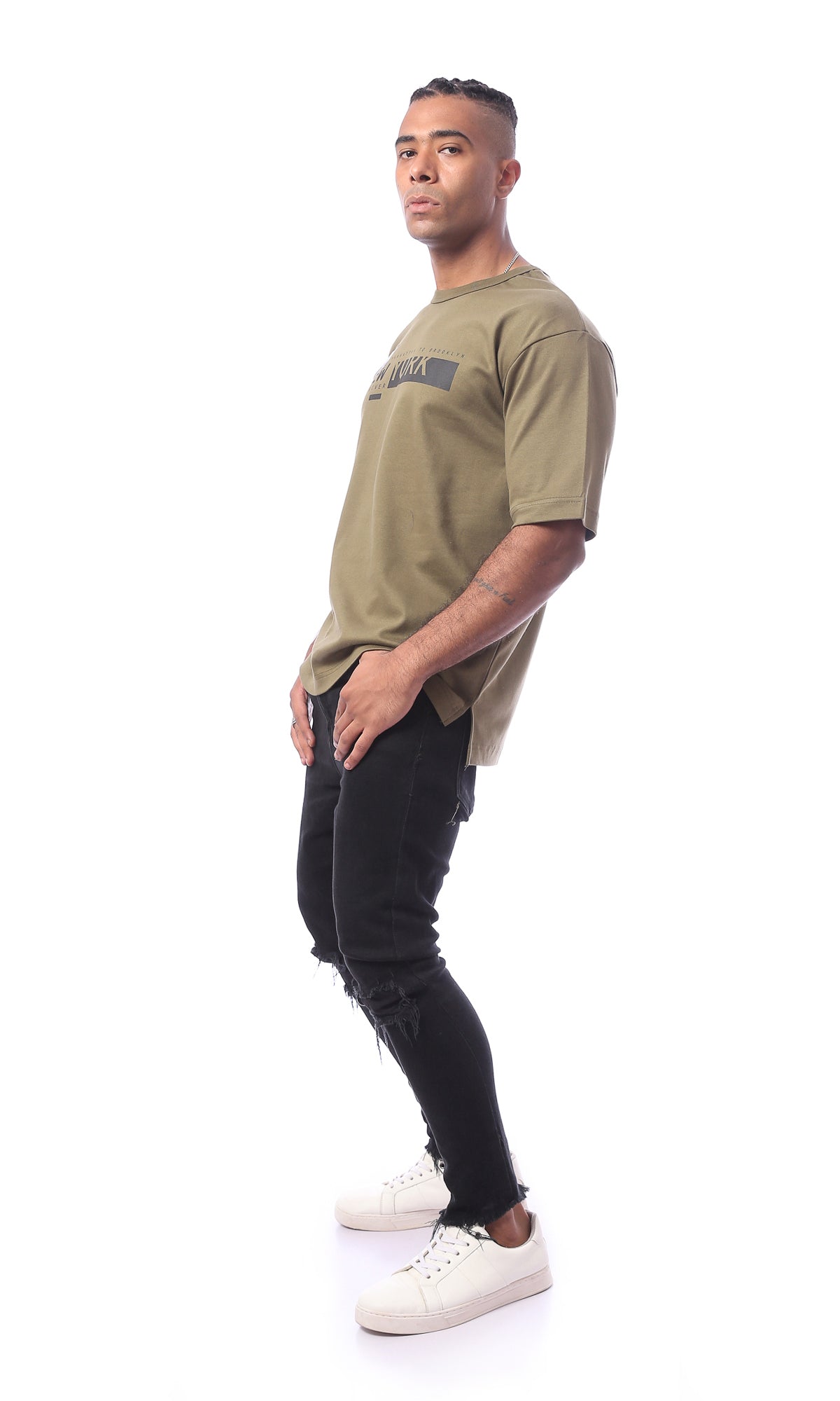 O163651 Khaki Printed Pattern Slip On Regular Fit Tee