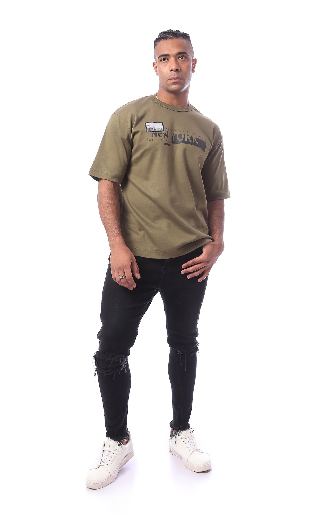 O163651 Khaki Printed Pattern Slip On Regular Fit Tee