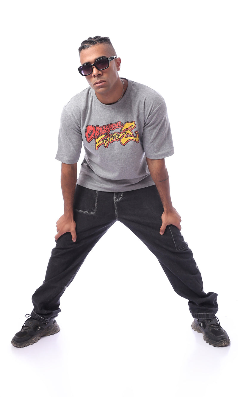 تيشيرت سهل الارتداء برقبة دائرية وطبعة "Dragon ball" رمادي