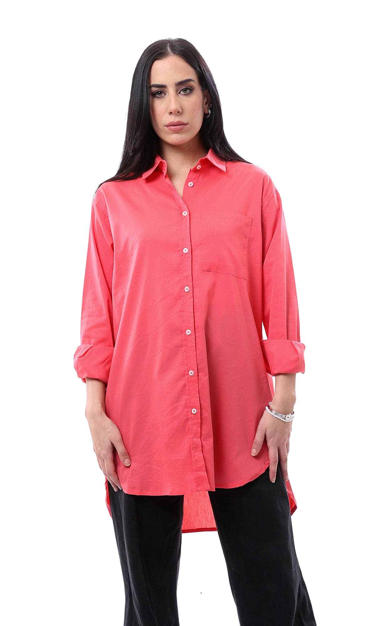 O163876 Solid Long Shirt With Patched Pocket - Coral