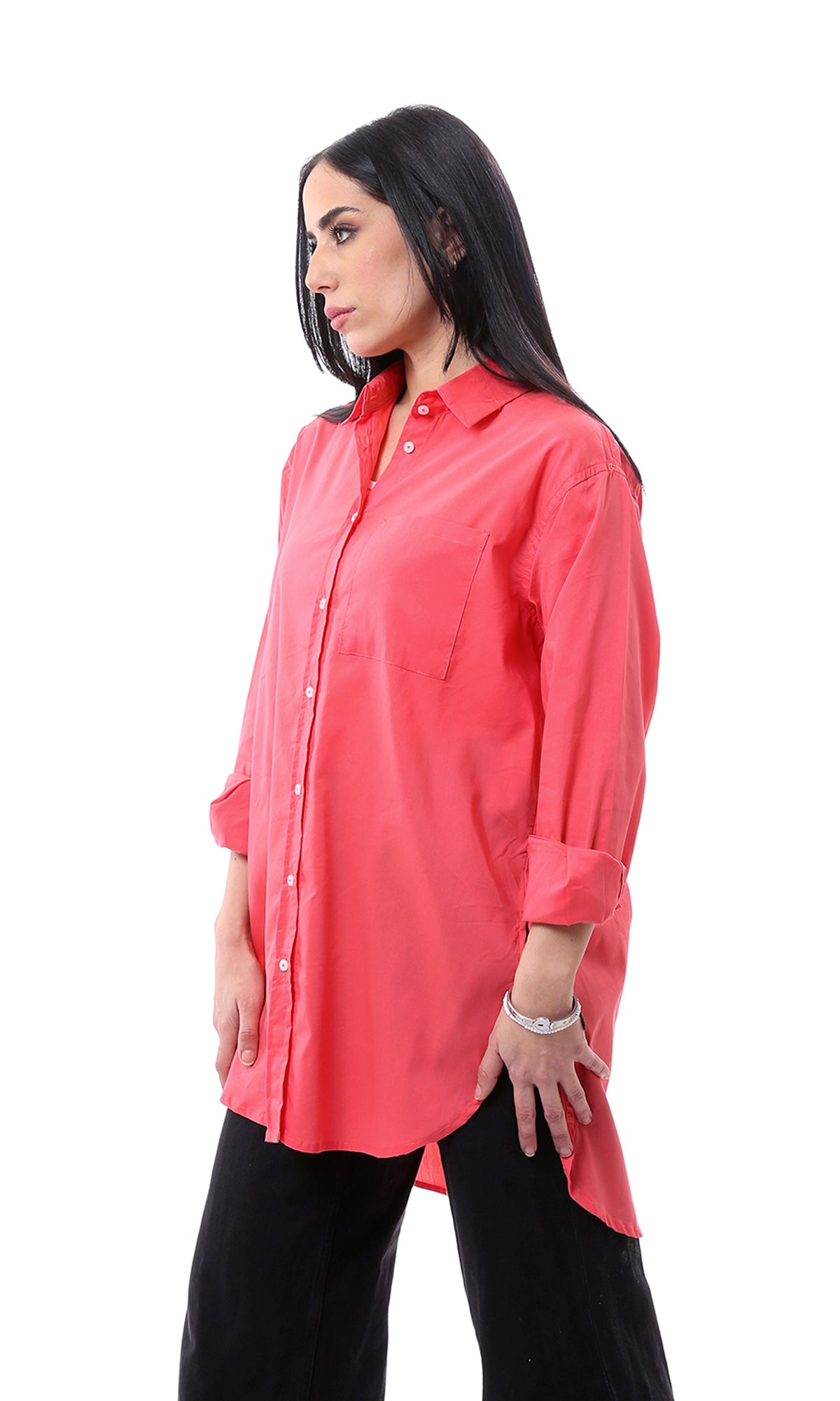O163876 Solid Long Shirt With Patched Pocket - Coral