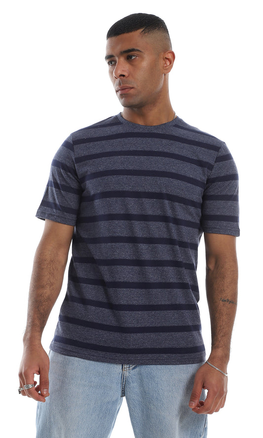 O164003 Round Neck Striped Short Sleeves Navy Blue T-Shirt