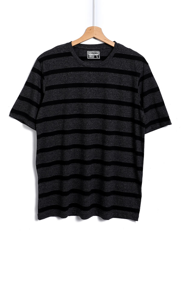 O164007 Heather Grey & Black Stripped Self Pattern T-Shirt
