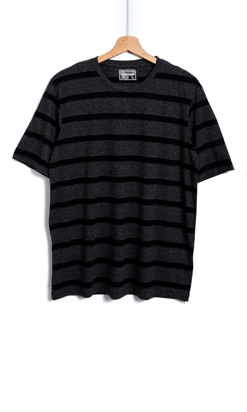 O164007 Heather Grey & Black Stripped Self Pattern T-Shirt
