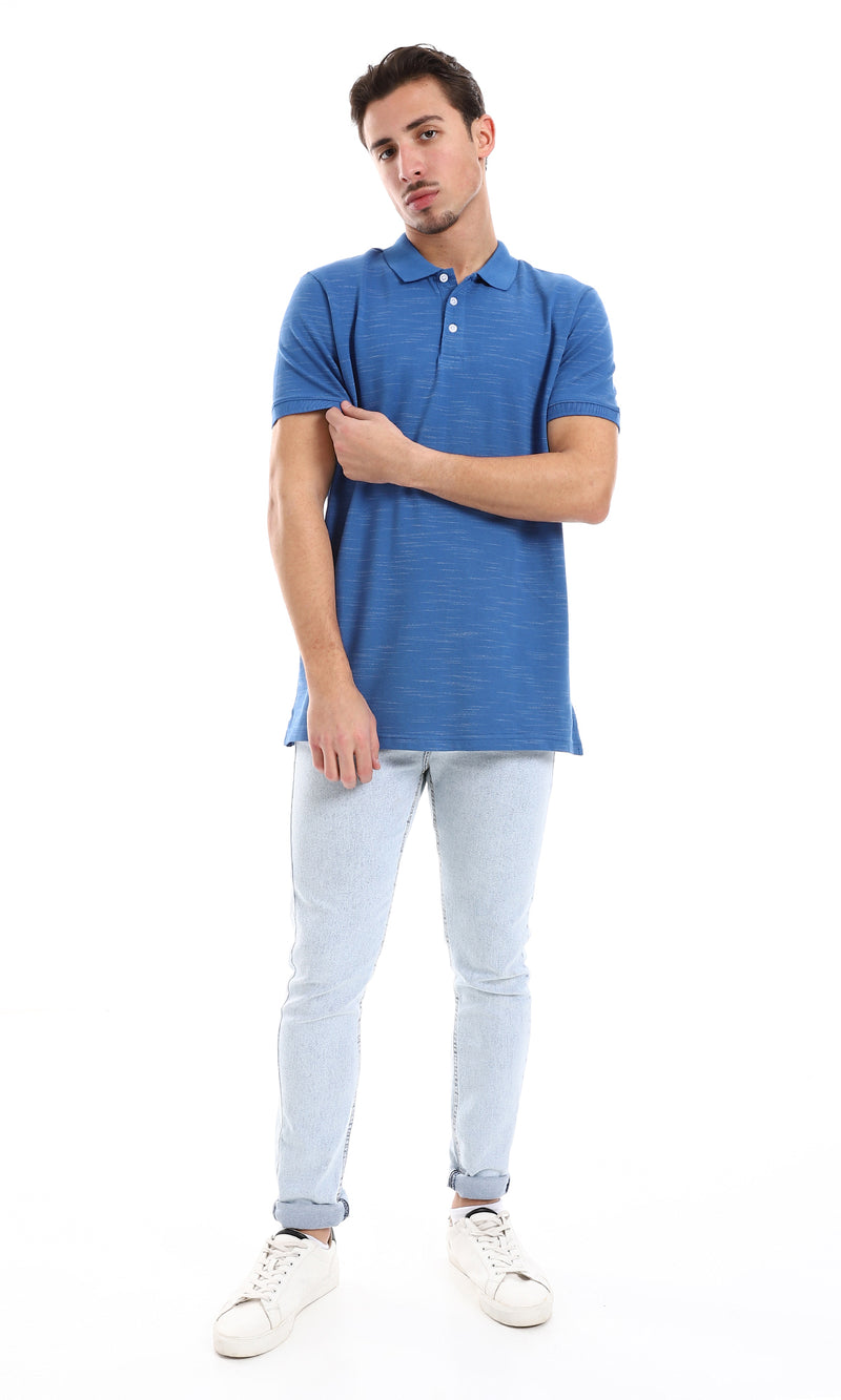 O164026 Buttons Closure Short Sleeves Heather Blue Polo Shirt