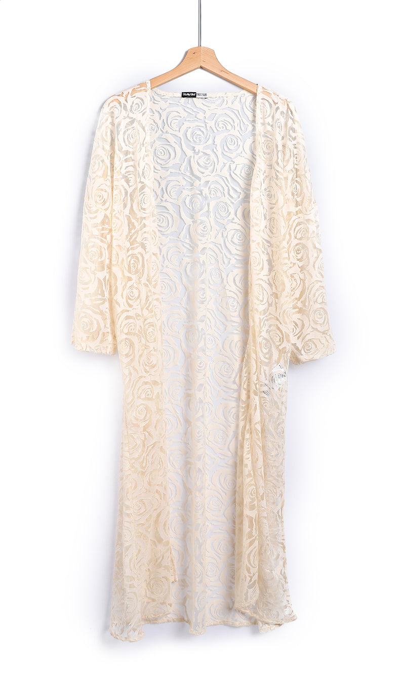 o164089-off-white-perforated-flowers-patterned-three-quarters-sleeves-long-cardigan-women-cardigan