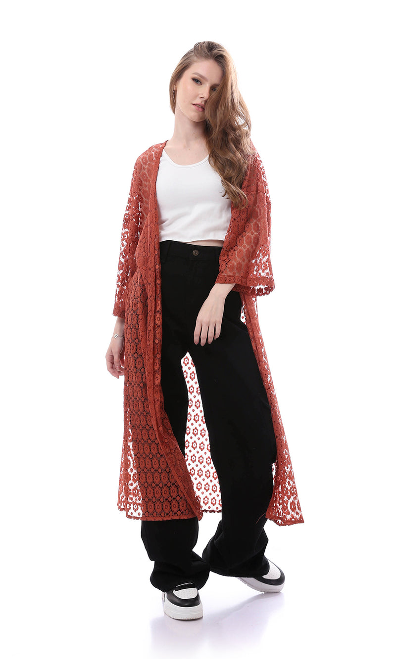 كيمونو بفتحة رقبة مفتوحة ومخرم برتقالي غامق