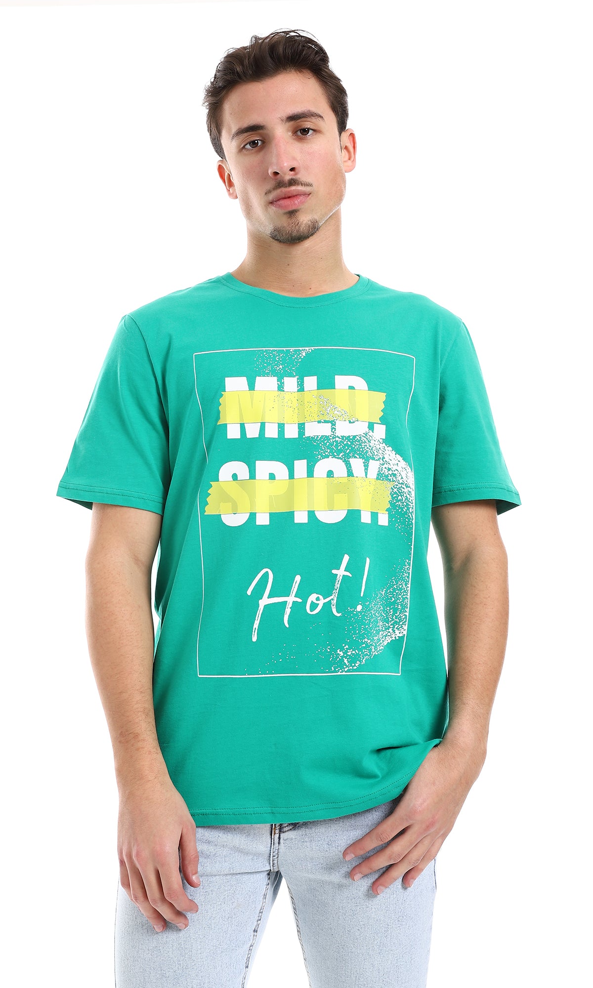 O164601 "Hot" Printed Cotton Tee - Green, White & Yellow