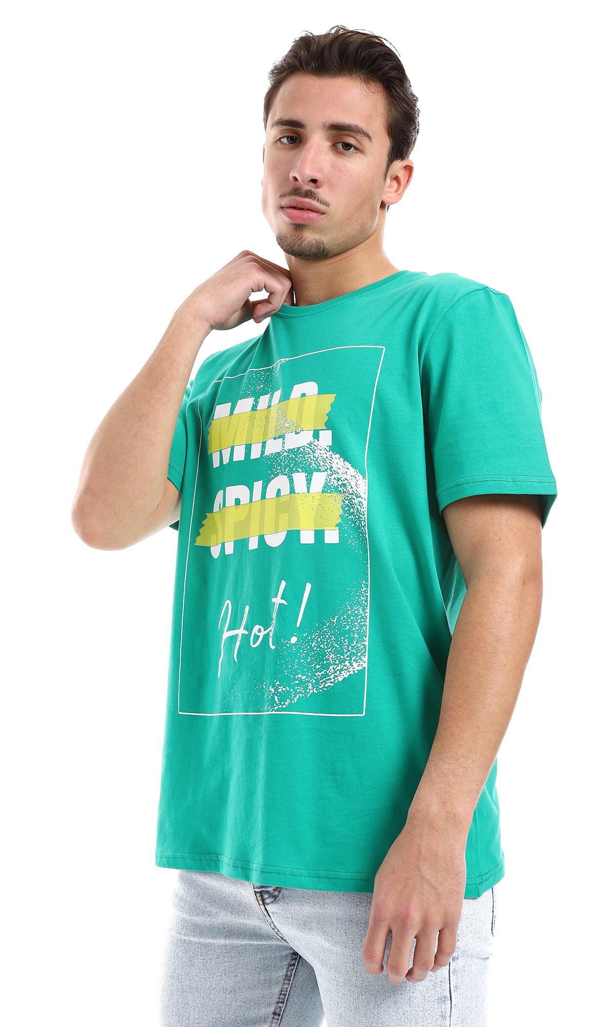 O164601 "Hot" Printed Cotton Tee - Green, White & Yellow