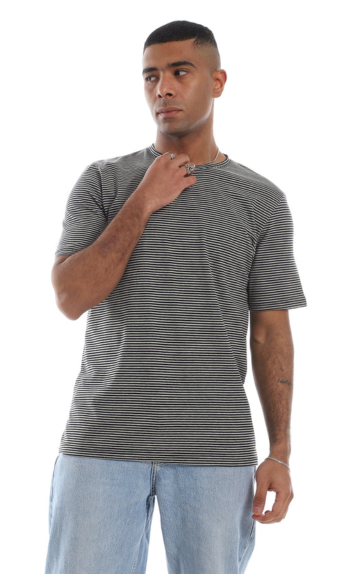 O164609 Thin Horizontal Striped Black & Grey Short Sleeves T-Shirt