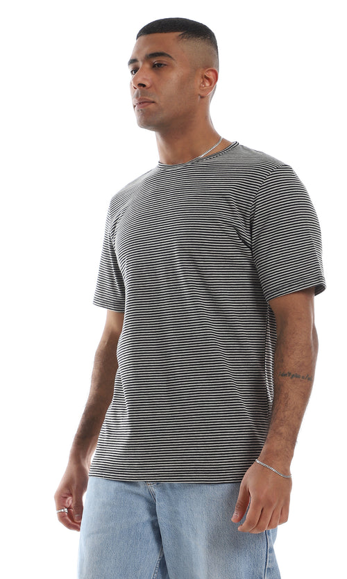 O164609 Thin Horizontal Striped Black & Grey Short Sleeves T-Shirt