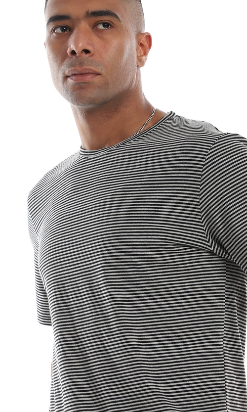 O164609 Thin Horizontal Striped Black & Grey Short Sleeves T-Shirt