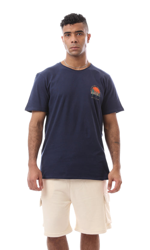 O164611 Fashioned Navy Blue T-Shirt With Front & Back Printed Pattern