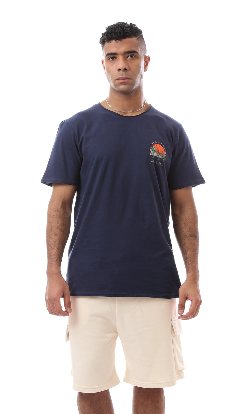 O164611 Fashioned Navy Blue T-Shirt With Front & Back Printed Pattern