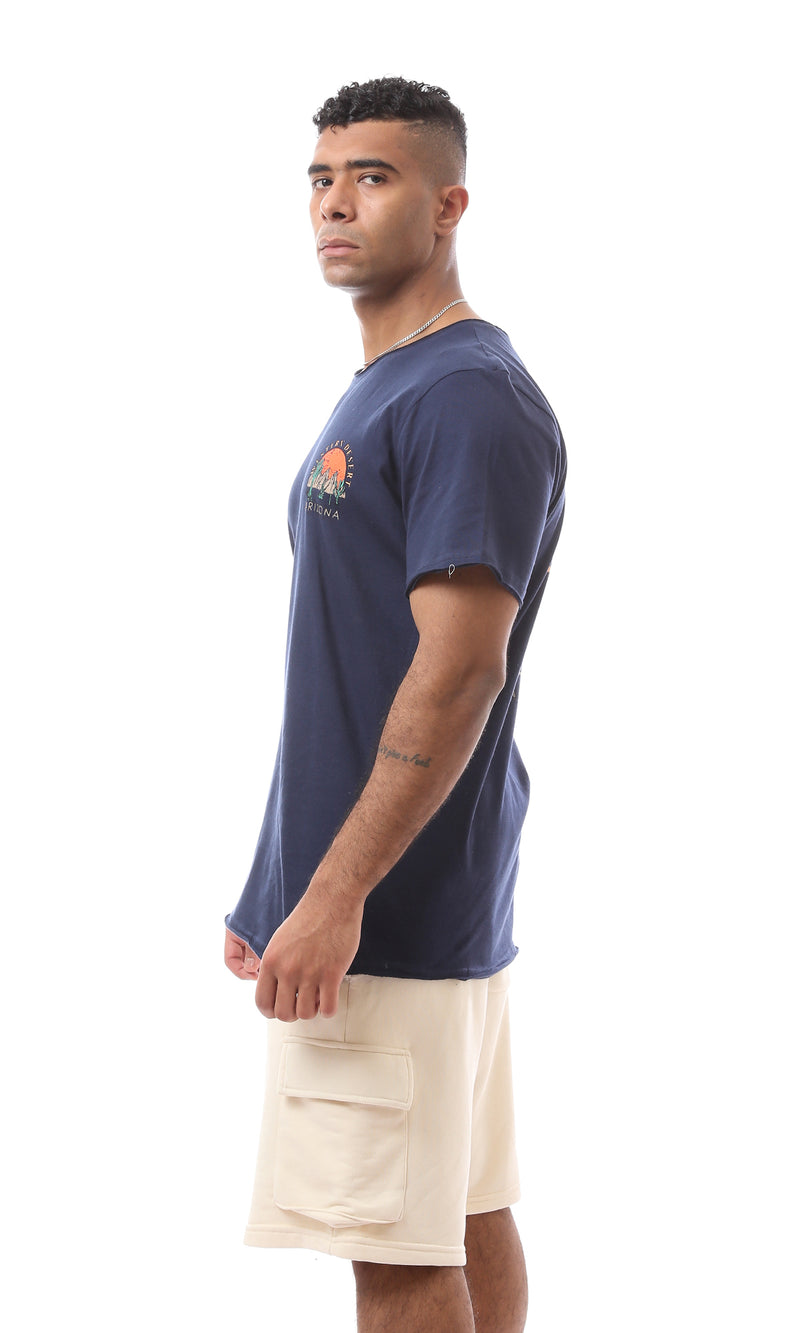 O164611 Fashioned Navy Blue T-Shirt With Front & Back Printed Pattern